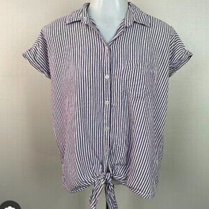 Old Navy Purple and White Striped Tie Front Button Down